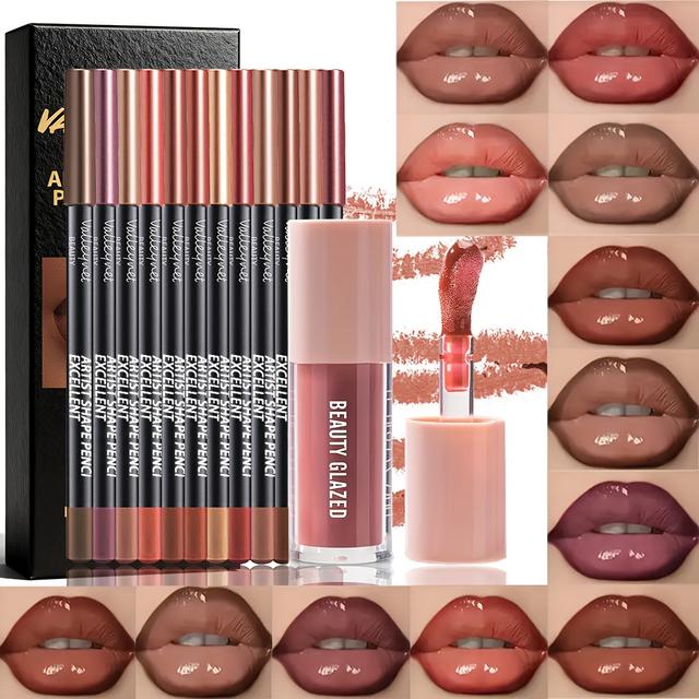 TEMU 13pcs/set Matte Lip Liner And Gloss Kit | Long-lasting Waterproof Velvet Texture, And Natural Look, Suitable For , Plant-based Squalane