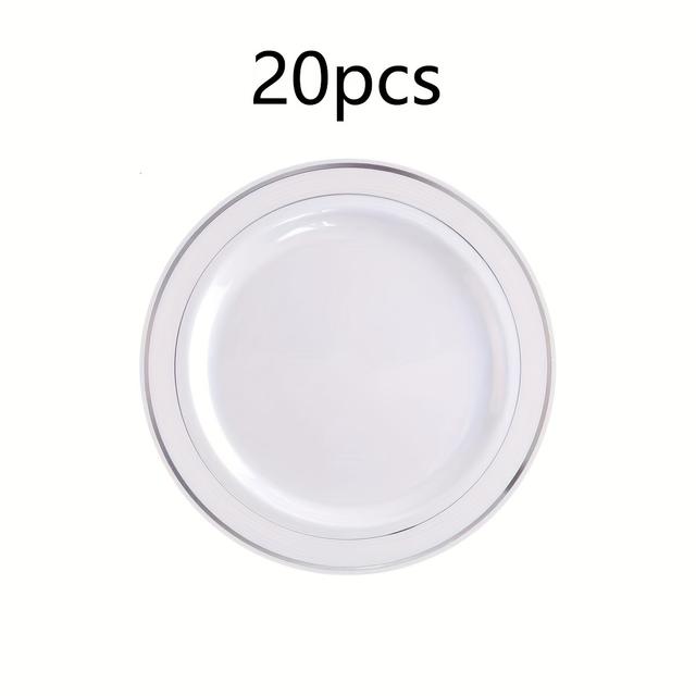 TEMU 10/20 Silvery Plastic Plate - 19.05cm Salad/dessert Plate - White With Silvery Edge Premium Hard Plastic Appetizer/cake Plate Suitable For Birthdays, Parties & Festive Gatherings