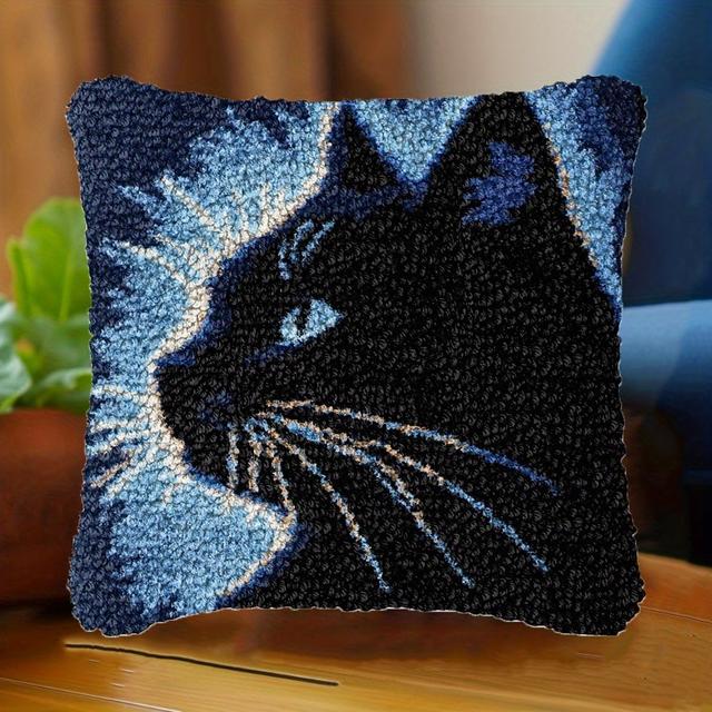 TEMU Häkelkissen-Set einfache schwarze Katze DIY Kissenbezug Kissenhülle Häkel-Set zum Kissenmachen mit Farbmuster Leinwand Häkel-Set Kissen 43cmx43cm/17inx17in