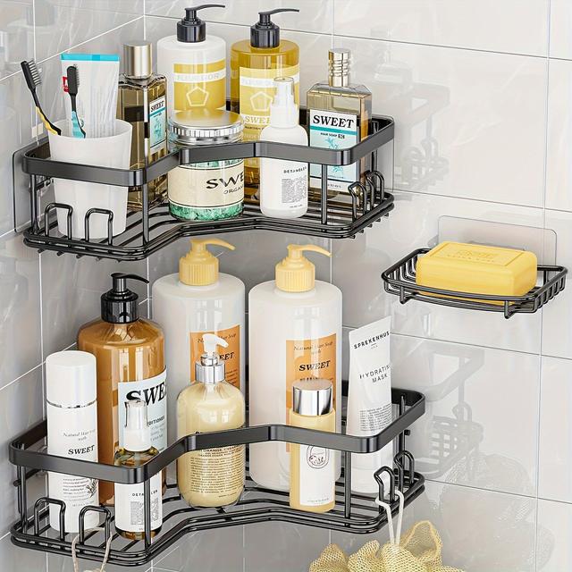TEMU Corner Shower Caddy, Bathroom Storage No Drilling, Shower Storage With Soap Holder&hooks&toothpaste Holders, Bathroom Or Kitchen, Rustproof Stainless Steel Suction Bathroom Accessories