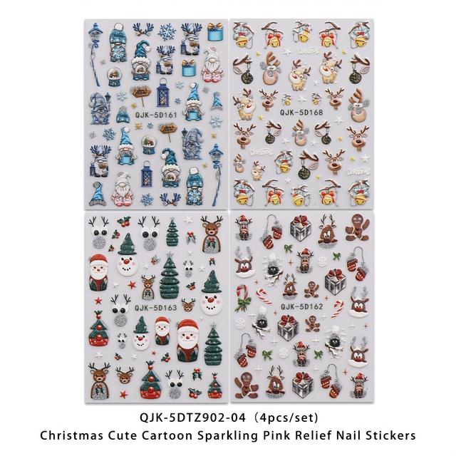 TEMU 4er Set Weihnachts-Cartoon süße Schneeflocken-Rentier-Santa Claus glänzende Relief-Nagelaufkleber, selbstklebend dreidimensionale Glitzer-Puder-Nageldekoration für eine Anwendung