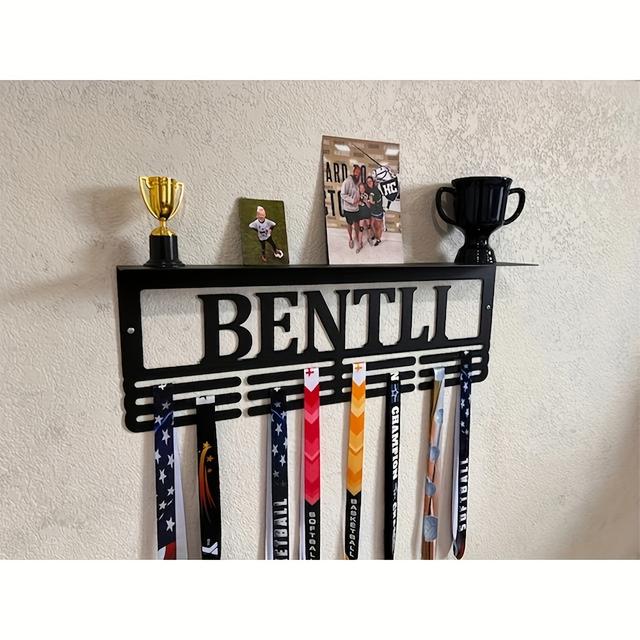 TEMU Personalized Metal Medal Display Stand - Customizable Athlete Name Holder, Black Iron Wall-mounted Trophy Organizer For Sports Achievements, , Durable Home Decor, Medal Hanger Display