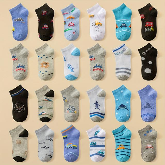 TEMU 12er-Pack Jungen Knöchelsocken mit zufälligen Cartoon-Auto-, Hai-, Bär- Buchstabenmustern für täglichen Sport Freizeitkleidung