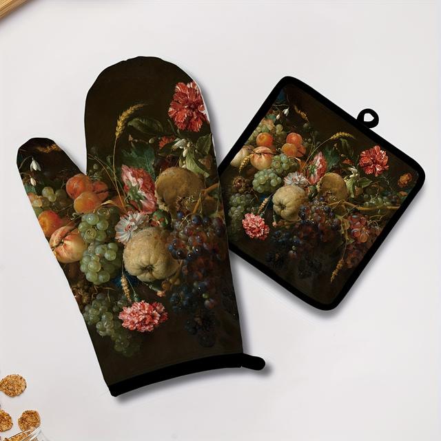 TEMU Two-piece Insulated Gloves Set, Microwave Kitchen Heat-resistant Oven Mitts With Thickened Grid Pattern, Anti-burn And High-temperature Resistant Baking Glove