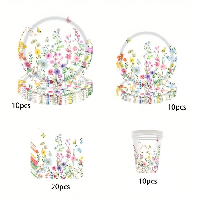 TEMU 10//80pcs Spring Party Tableware Pack - Floral Plates & Napkin Cups Pack Suitable For First Birthday, Wedding, Tea Party Decorations - Plates, Spring Table Setting, Paper Plates & Cups