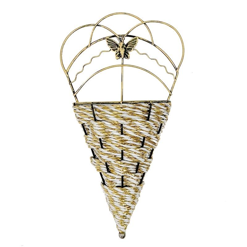 TEMU 1pc Vintage-inspired Iron & Rattan Triangle Wall Hanging Basket With Accent - Striped Pattern, Indoor/outdoor Decorative Floral Display, Hanging Flower Basket