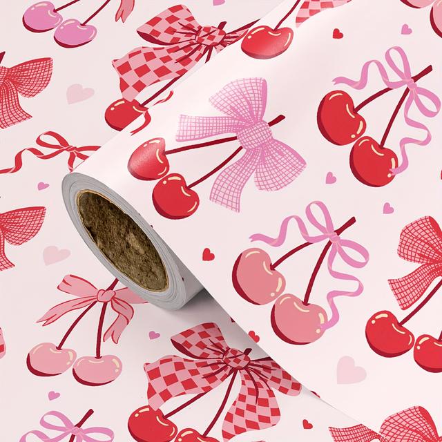 TEMU 1 Roll Cherry & Bow Wrapping Paper | Pink & Hearts Design For Birthdays, Valentine's, Galentine's, - 43cm X 500cm (17" X 16.4')
