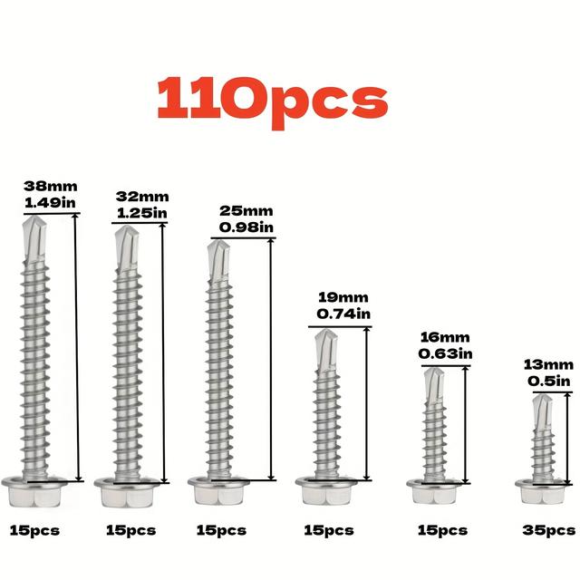 TEMU Set Of 110 Self-tapping Screws Designed For Metal, Made From 410 Stainless Steel, Featuring #8 Hex Head Sheet Metal Screws In Lengths From 13mm To 38mm.