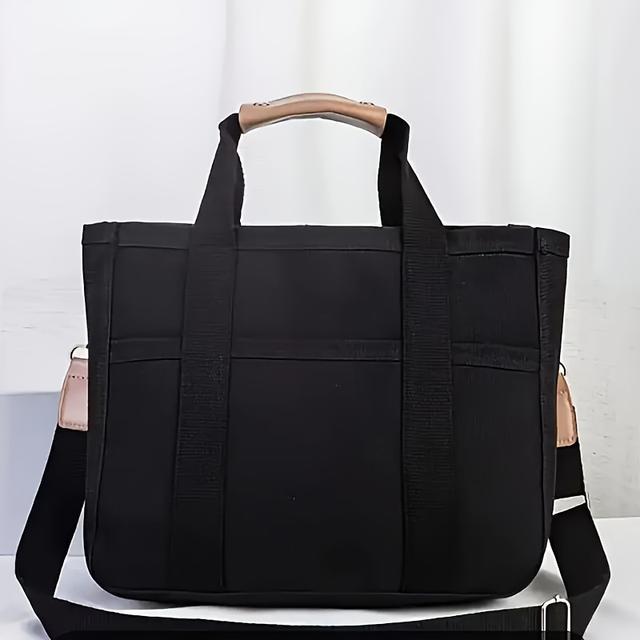 TEMU Large Capacity Multi-compartment Tote Bag For Women - Stylish Gray And Beige, Durable Polyester, Closure, Everyday Use, Everyday Tote Bag|stylish Tote Bag|durable Handle, Large Tote Bag