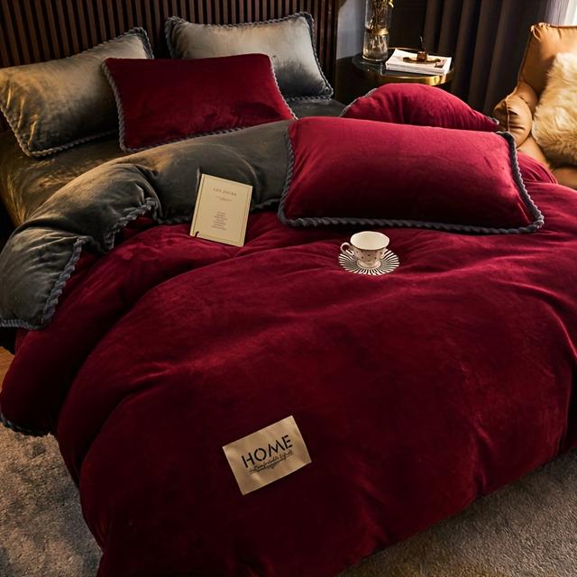 TEMU 3pcs Milk Velvet Duvet Cover Set, Burgundy With Design, Soft And Breathable, Machine Washable, Includes 1 Duvet Cover + 2 Pillowcases