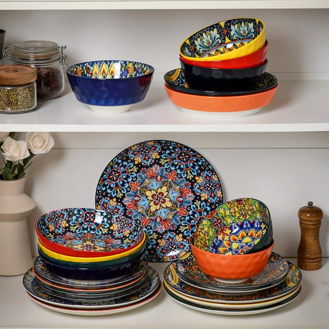 TEMU Juegos de Vajilla Bohemia, Set de Platos Artesanales con Principal de 10.5 Pulgadas, de Postre de 8.5 Pulgadas, para Pasta de 780ml y para de 950ml, Vajilla Colorida Boho para 6