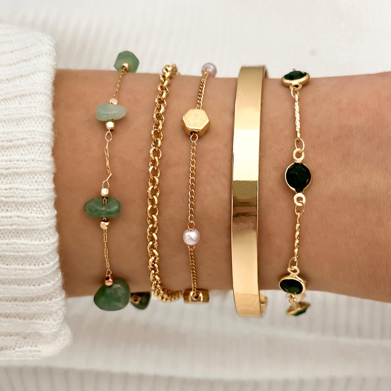 TEMU 5-pack Open Bracelet Chain With Green Rhinestone And Combo Set, Vintage Elegant Fashionable Gift For Holidays, Vacation, Casual Attire Stackable Bracelets