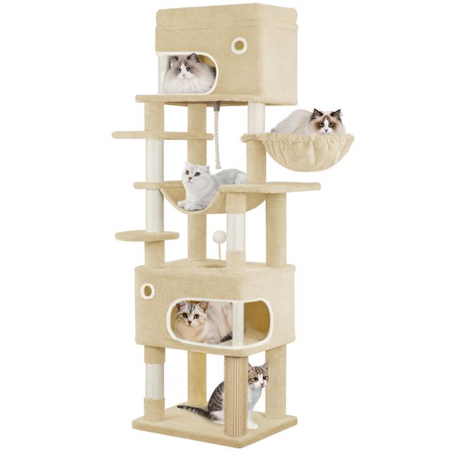 TEMU Cat Tree, 178cm Cat Tree With Large Platform, 2 Caves, 7 Scratching Posts, Pompoms, Loungers, Hammock, Suitable For All Cat Breeds, Beige
