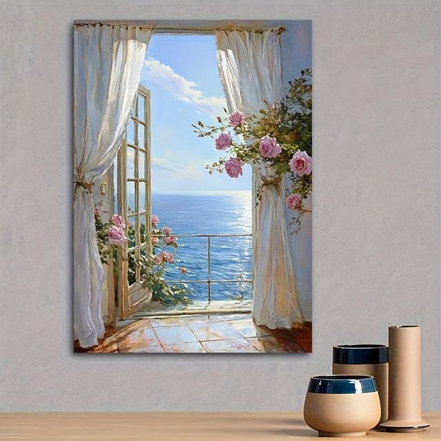 TEMU Cozy Canvas Art - Romantic With Pink Roses & , Wooden Frame Wall Decor, Ideal For Home Decoration, Perfect Gift For Coastal Art Enthusiasts, Ready To Hang, Beach Theme Decor