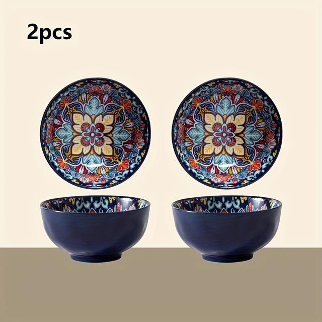 TEMU 2pcs Yumiplus Bohemian Hand-painted Underglaze Ceramic Bowls, 4.5-inch Serving Dishes For Breakfast, Pasta, Fruit Salad, Oatmeal - Ideal For Birthday, Wedding, Housewarming, Christmas Gifts