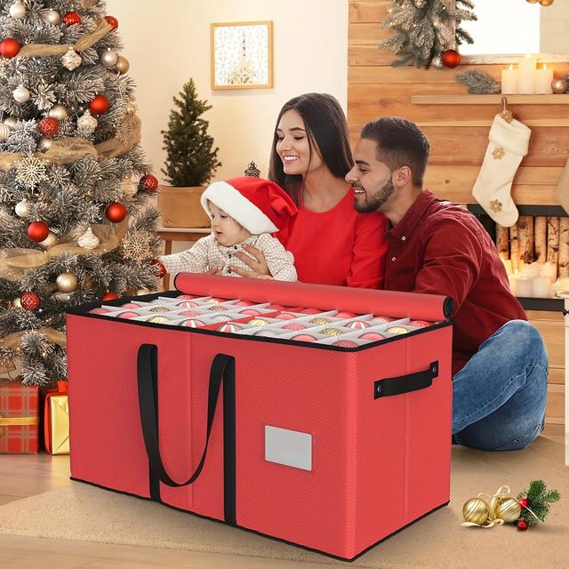 TEMU Weihnachtsschmuck-Aufbewahrungsbox mit Trennwänden - Fassungskapazität bis zu 128 Feiertagsdekorationen, Verstellbare Fächer & Seitentaschen, Reißfestes Gewebe - Rot/Grün, Schmuckaufbewahrung