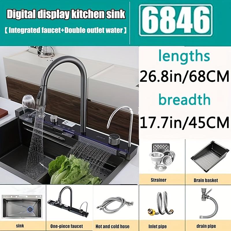 TEMU Enhance Your Kitchen Sink By Opting For A Smart Waterfall Design Featuring Screen, A Retractable Faucet That , And A Cup Washer That Increases Water Pressure