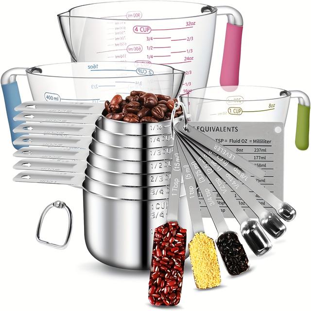 TEMU 20pcs Stainless Steel Kitchen Measuring Set, Food Contact Safe, Durable 304 Measuring Cups, Spoons & Scales, Essential Cooking Tools For Baking & Cooking