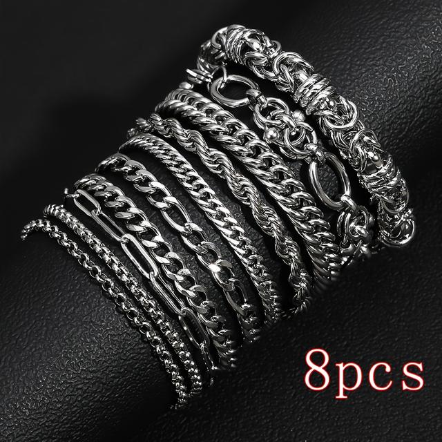 TEMU 8pcs Stainless Steel Chunky Men's Bracelet, Unisex Summer Accessory, Mother's Day Gift, Stylish Men's Bracelet, The For A Boyfriend.