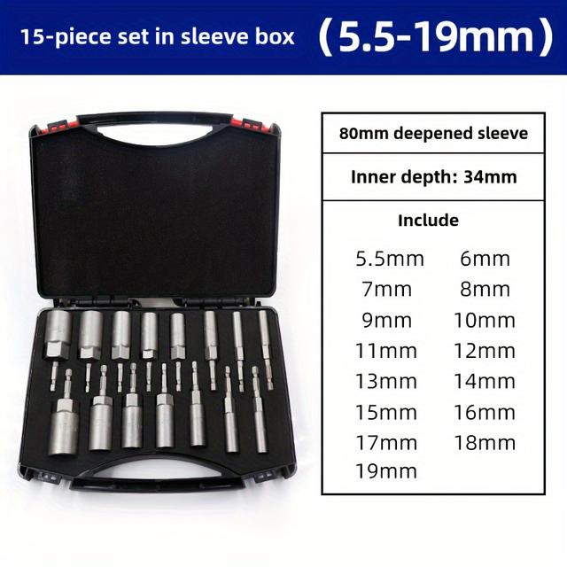 TEMU 15pcs 80mm Deepening Socket Set Electric Drill Socket Head 5.5mm Wind Screwdriver Socket Head Deepening 6 Hexagon Electric Screwdriver