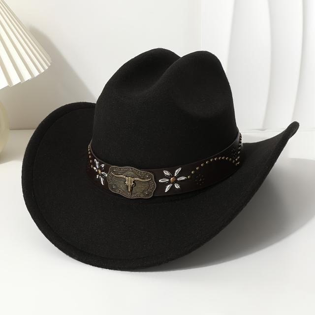 TEMU 1pc Western Cowboy Hat With Embossed Bull Headband, 100% Polyester Lightweight Cowboy Cap For Outdoor Activities, Hand Washable - No Feathers, Cowboy Accessories