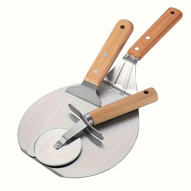 TEMU 3-in-1 Ergonomic Pizza Cutter Wheel & Cake Spatula Set - Stainless Steel, Wooden Handle, Home Kitchen Essentials