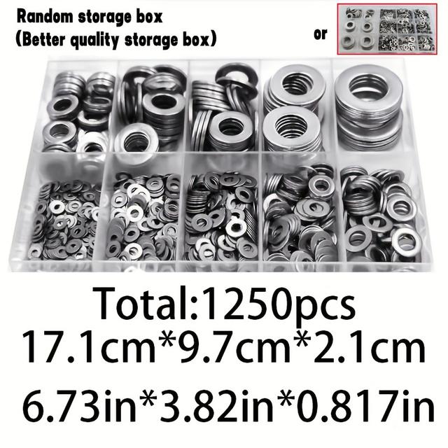 TEMU Sada plochých podložek 1250 ks | Nerezová ocel, uhlíková ocel, M2 M2.5 M3 M4 M5 M6 M8 M10 M12, vhodné pro domácí dekorace, údržbu továren, kuchyně, obchody a venkovní použití