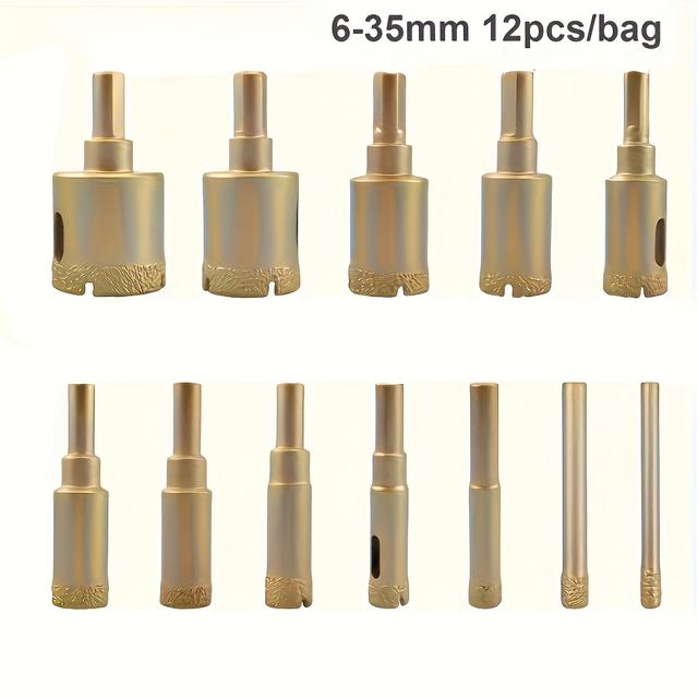 TEMU 12pcs Diamond Coated Drill Bit Set, 6-35mm Kit For Glass, Marble, Granite, Stone, Tile, And Ceramic - Manual Tools, Plastic Case Not Included
