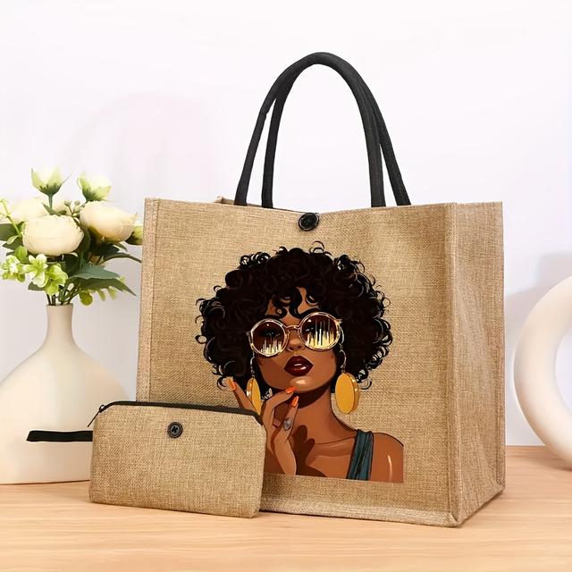 TEMU 2pcs Women's Fashion Printed Tote Bag And Cosmetic Bag Set, Large Capacity Shoulder Bag With Zipper Pouch, Trendy Versatile Design, Suitable For Women And Professionals