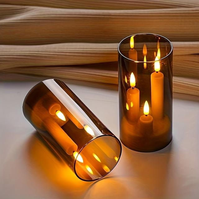 TEMU 2 db Szürke Háromfejes LED Gyertyafény Meleg Fehér Fénnyel és Valósághű Láng Effektussal - Szabadon álló, Elemes, Nincs Füst, Tökéletes Lakberendezéshez, Ünnepi Hangulathoz