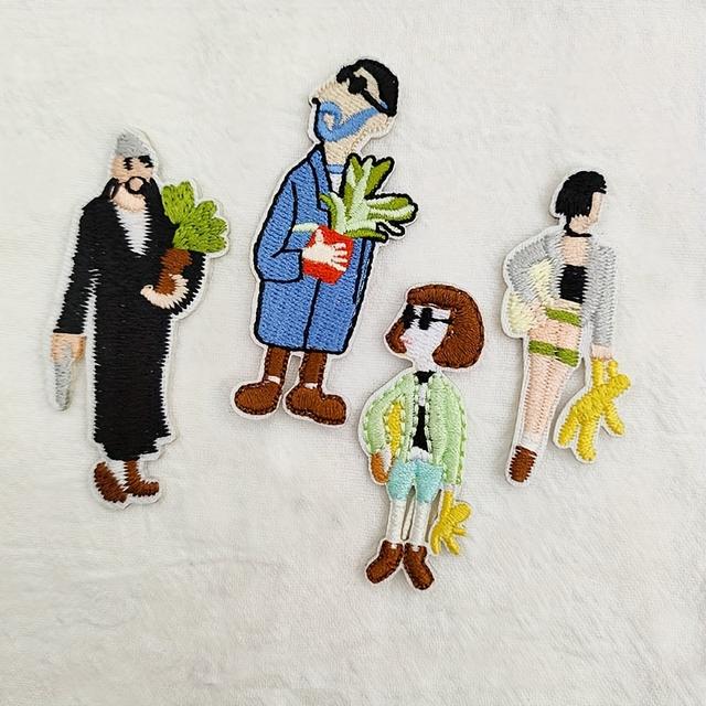 TEMU 4pcs 만화 자수 패치 세트 - 세련된 남성과 여성의 인형, 식물, 액세서리 및 생동감 있는 의상 - 티셔츠, 재킷, 가방 및 DIY 공예 장식에 적합 - 패션 애호가를 위한 이상적인 선물, 공예 장식 패치|세련된 패치 세트|세부적인 자수