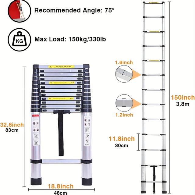 TEMU Collapsible Stairs, Extendable Ladder, Portable Telescopic Step Ladder, Aluminum Folding Ladder, Capacity 150 Kg (3.8 Meters)