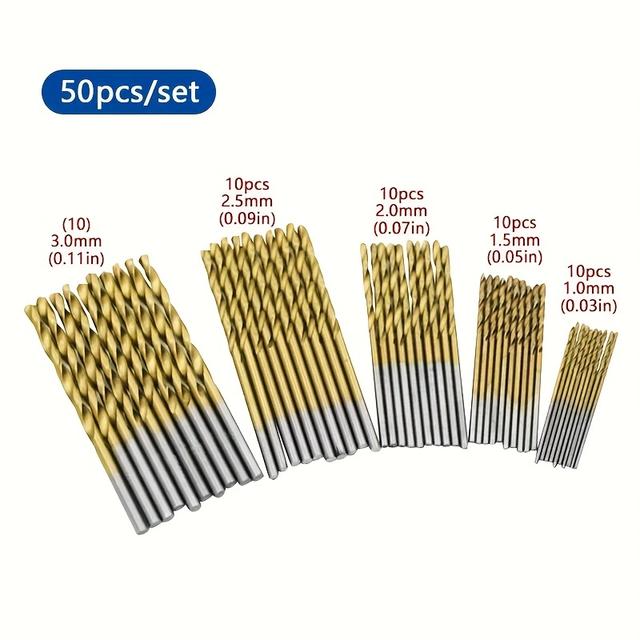 TEMU 50pcs Steel Titanium Coated Drill Bit Set - Durable Multi-functional, Suitable For Wood, Metal, And Plastic Drilling, In Sizes And Stainless Steel Material
