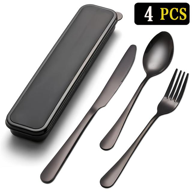 TEMU 4pcs Set - Elegant Stainless Steel Cutlery Set For Travel, Portable Silverware Set With - Suitable For Camping, Picnics, Hiking, Office, Dishwasher Safe ( In Silvery, Golden, Black)