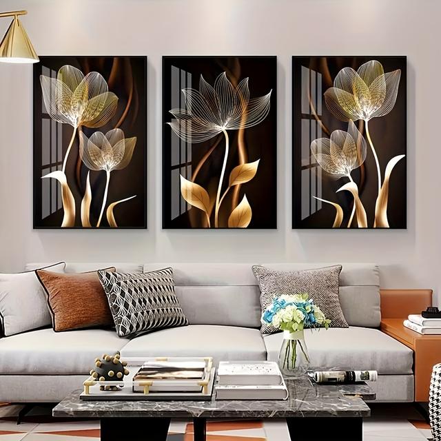 TEMU Chic 3pcs Black & Golden Floral Wall Art For Living Room - Modern Frameless Canvas, , 15.7x23.6in