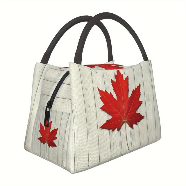 TEMU Leaf Print Insulated Lunch Bag - Polyester Rectangle Tote With Hand Wash Care, Manual Reusable Cooler For Office, School, Picnic, Hiking - Unisex Portable Thermal Food Storage With Flower Theme