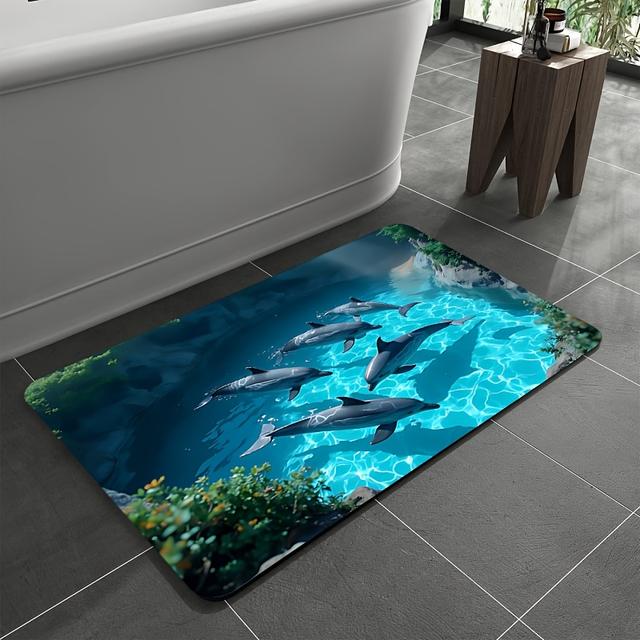 TEMU 1개 초흡수 욕실 매트 - 미끄럼 방지 뒷면, 돌고래 만의 바다 테마 - 부드러운 규조토 욕실 주방 세탁실 매트, 샤워, 욕조, 바닥용 - 크리스마스 선물로 이상적, 욕실 장식 - 쉽게 세척 가능, 욕실용 매트