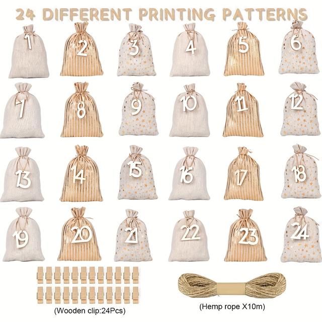 TEMU Christmas Advent Calendar Number Bags Christmas Gift Burlap Drawstring Bags Diy Countdown Advent Calendar Set With Rope And Clips For Christmas Home Decorations Gift