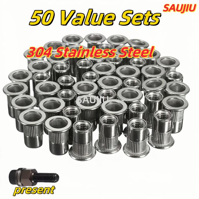 TEMU 50pcs 304 Stainless Steel Rivet Nut Kit M3-m10 | Free Tool With Knurled Handle | Fasteners For Metal Automotive Furniture | Polished Surface By Saujiu