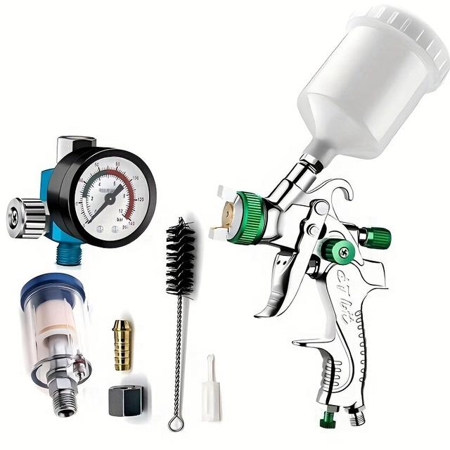 TEMU Kompakt HVLP Mini Spraypistol Kit med 0.8mm Munstycke, Tryckmätare & Luftfilter - Idealisk för Färg- & Tapetapplicering