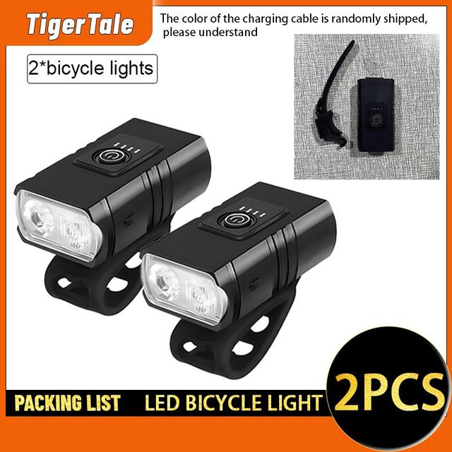 TEMU Set Of 2 Luminous Led Bike Headlights, Rechargeable Via Usb, Featuring A Battery Level Indicator, Ideal For Nighttime Cycling, Long , Cycling Fans, And Emergency