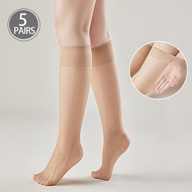 TEMU 5-pairs Women's Plus Size Sheer Stockings - Ultra-thin Nude/black Half-calf & Mid-calf Length Socks Suitable For Parties, Dance, Casual Attire - Elegant