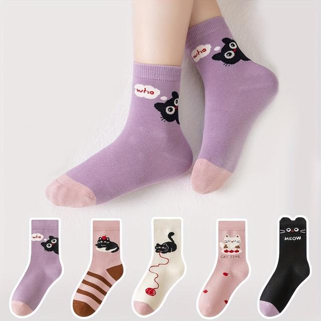 TEMU 5 Pairs Of 's Socks Cartoon Cute Kitten Striped Pattern Boys And Girls Colorful Mid-calf Socks, Suitable For Daily Life