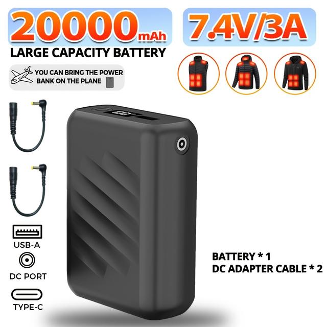 TEMU Power Bank ємністю 20000 мАг, що підтримує швидку зарядку 7.4V та USB 5V/3A, підходить для швидкої зарядки гальванізованих штанів, курток, жилетів та іншого одягу