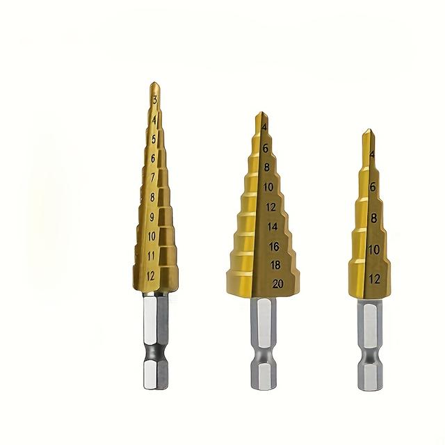 TEMU 3pcs Coated Steel Hexagonal Shank Step Drill Set - Resistant, Sharp And Durable, Suitable For Drilling Wood And Metal, Compatible With Drills