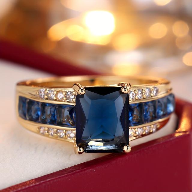 TEMU Un luxueux anneau de bleu foncé à coupe carrée, parfait pour une élégance quotidienne, la Saint-Valentin, les vacances et les fêtes avec un style