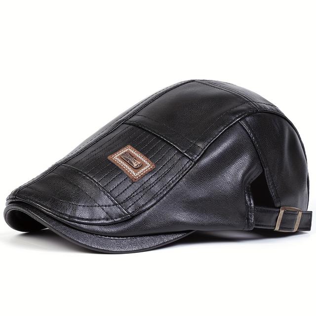 TEMU A Stylish Men's Faux Leather Jamont Newsboy Cap, Adjustable For Outdoor Casual Wear, Perfect For Autumn And Winter , Travel, Beach Parties