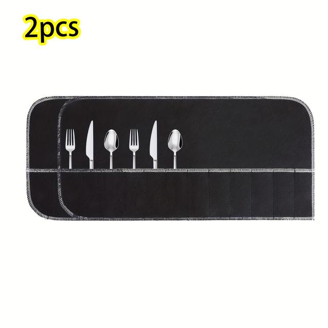 TEMU 2pcs Storage Bags Felt Flatware Organizer Sleeves Storage Cloth Silvery Protector Bags Setting Roll With For Kitchen Cutlery Utensils