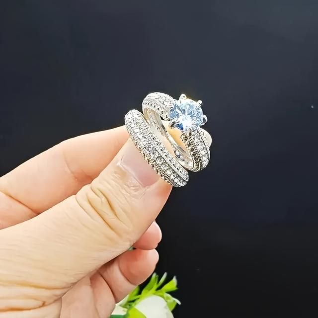 TEMU 2pcs Stylish And Elegant Unisex Wedding Ring Set With Shiny Synthetic Zirconia, Birthdays Or Valentine's Day Gift, Couple Rings Accessory