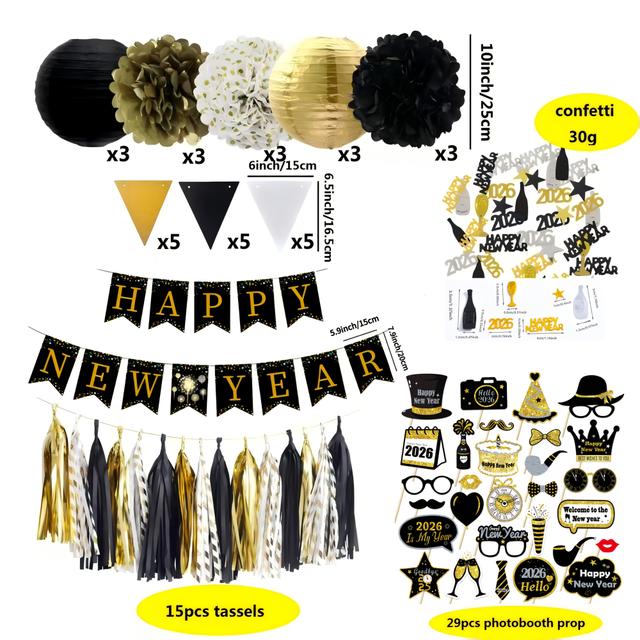 TEMU Happy 2026 New Years Eve Party Decorations Set Black And Golden Banner, Triangle Flags, Paper Lanterns, Tassels, Photo Props For 2026 New Year Decoration